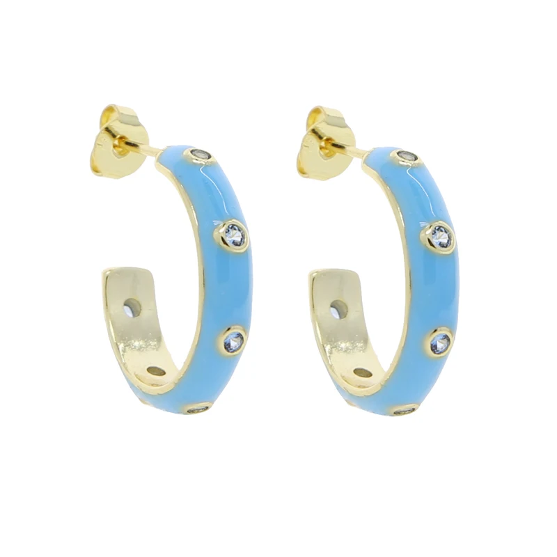 Blue Enamel Band Geometric Round Circle Hoop Earring With 5A Cubic Zirconia Fashion Jewelry