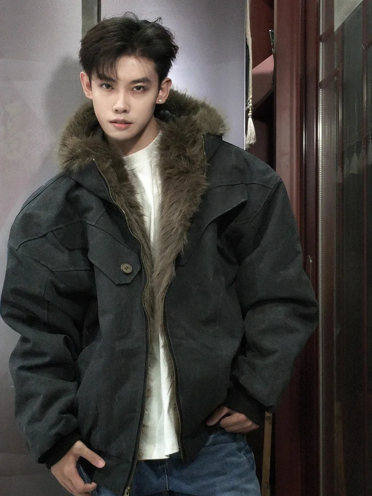 

Ретро-куртка в американском стиле, деконструированная, утепленная, из хлопка, с меховым воротником, мужская верхняя одежда, повседневная, с длинными рукавами, на молнии