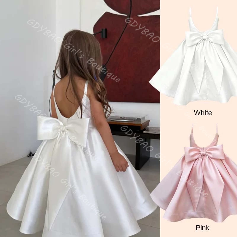 Ankle-Length Girls Party Dress with Bow Spaghetti Strap Backless Flower Girl Dress for Wedding Custom Made Vestidos de Communion