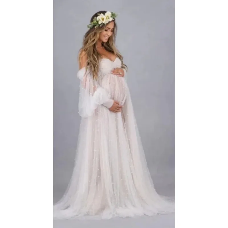 Adereços para fotografia de maternidade, vestido denso com fio branco pérola, roupas para fotografia de maternidade, vestido de chá de bebê, sessão de fotos grávida