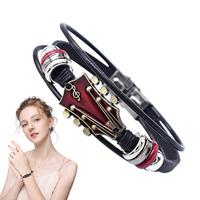 Punk Style Braided Guitar Bracelet Zinc Alloy Adjustable Buckle Manual Woven Faux Leather 3-Layered Punk Retro Wrist Jewelry