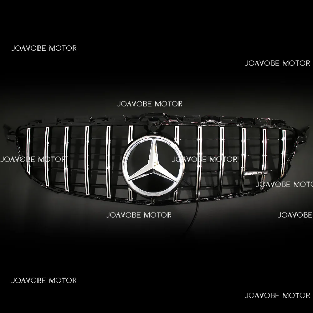 شبكة أمامية فضية على طراز GTR مع شعار مرآة LED فضي لسيارة Mercedes Benz C-Class W205 S205 C205 A205 2015-2018 W/360