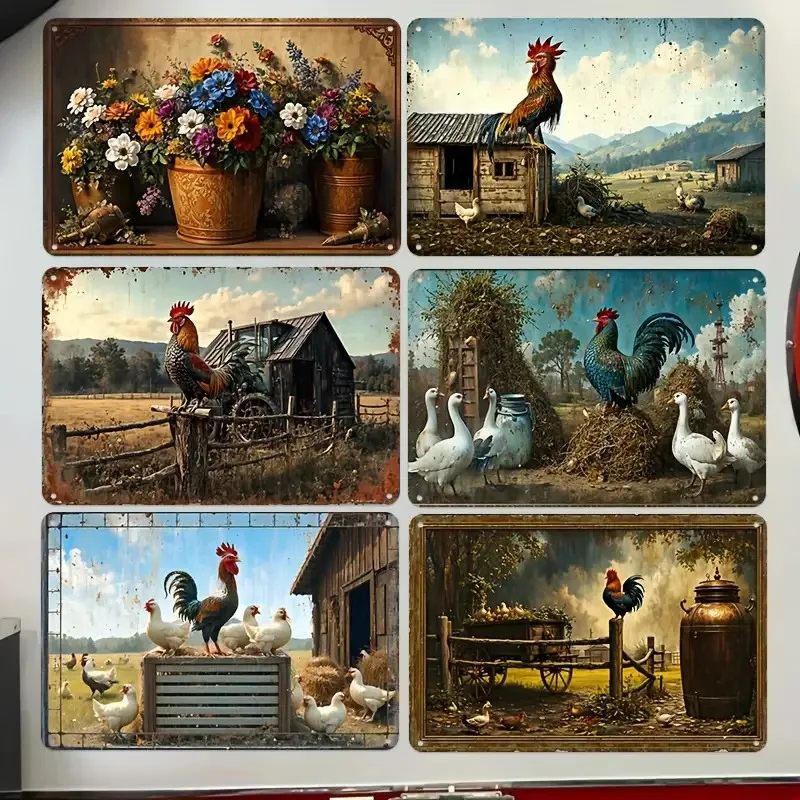 6pcs Set Vintage Farm Rooster Metal Wall Decor Signs - Rustic Chicken Coop and Barn Decor, Includes Colorful Rooster, Hen, and C