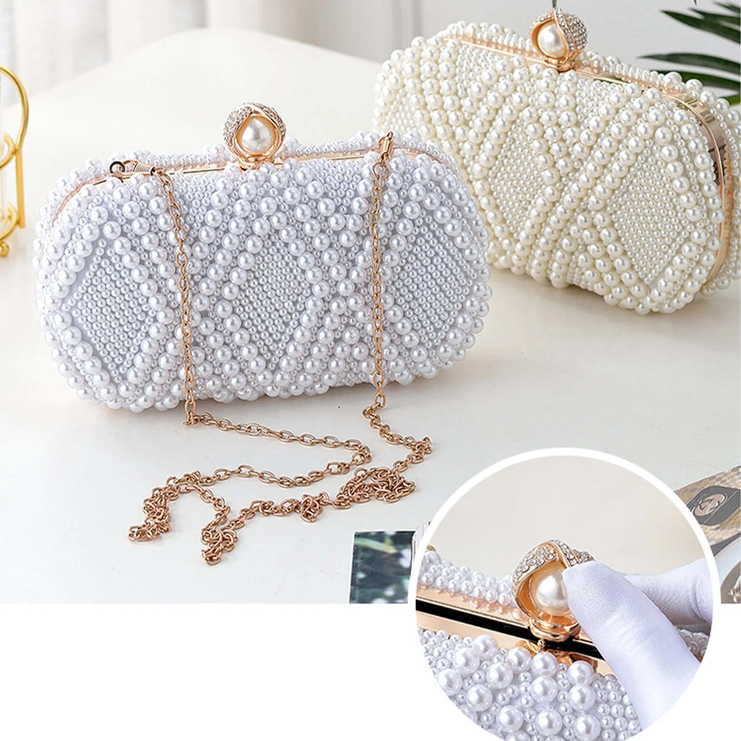 New Sweet Bridal Pearls Crystal Beaded Clutch Bags White Beige With Shoulder Chain Handbags Cross Body Ladies Special Party Bag view 5