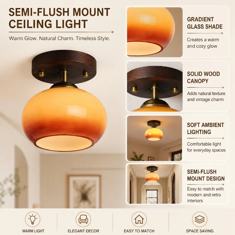 Vintage Persimmon Glass Ceiling Light Wood Flush Mount Lamp for Entryway Hallway Balcony Closet Corridor Bedroom Home Decor