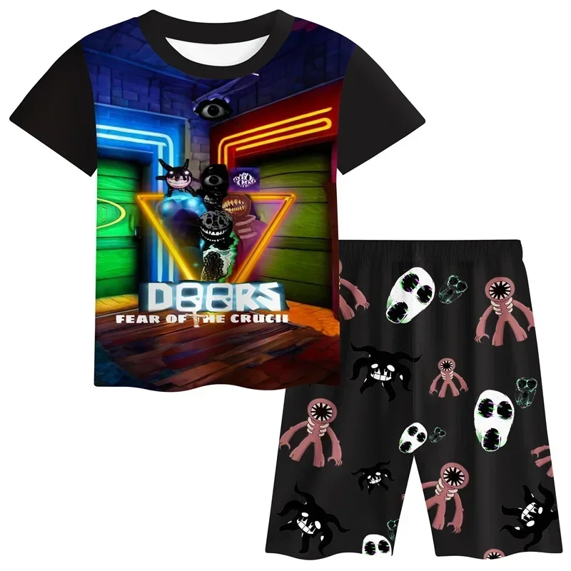 

2024 New Style Doors Roblox Figure Children's Clothing Halloween Boys Short Sleeve Pajamas Shorts Set Best Gift