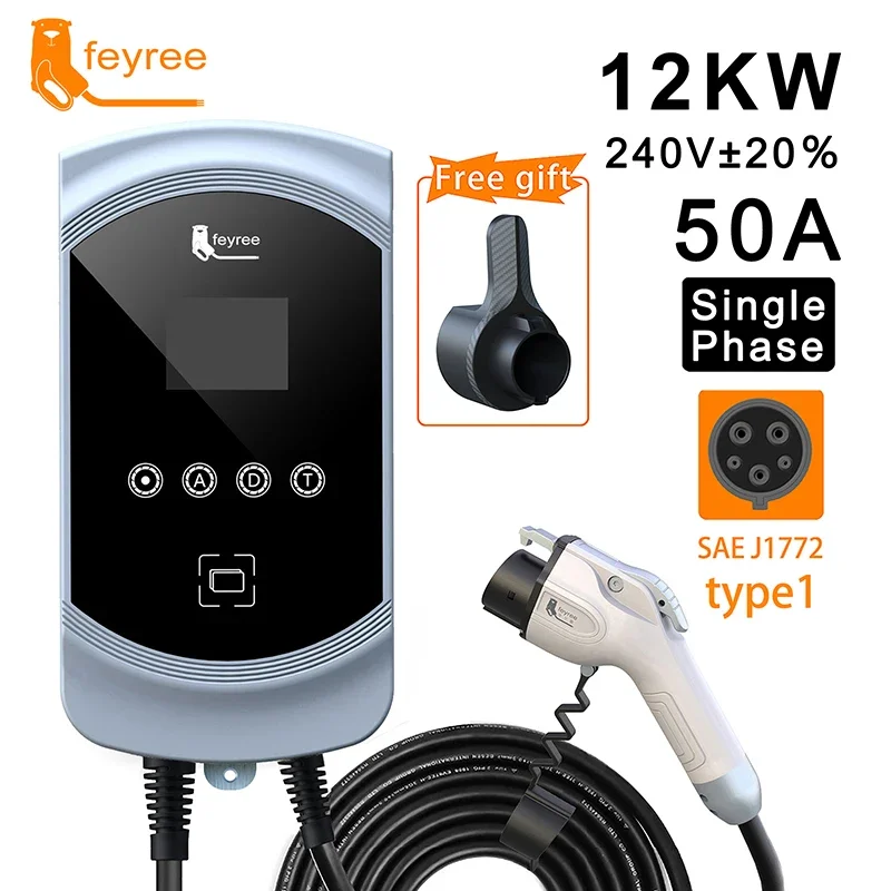 feyree  50A 12KW 1Phase EV Charger Type1 Cable J1772 Cord 40A 9.6KW 32A 7.6KW EVSE Wallbox Charging Station for Electric Vehicle