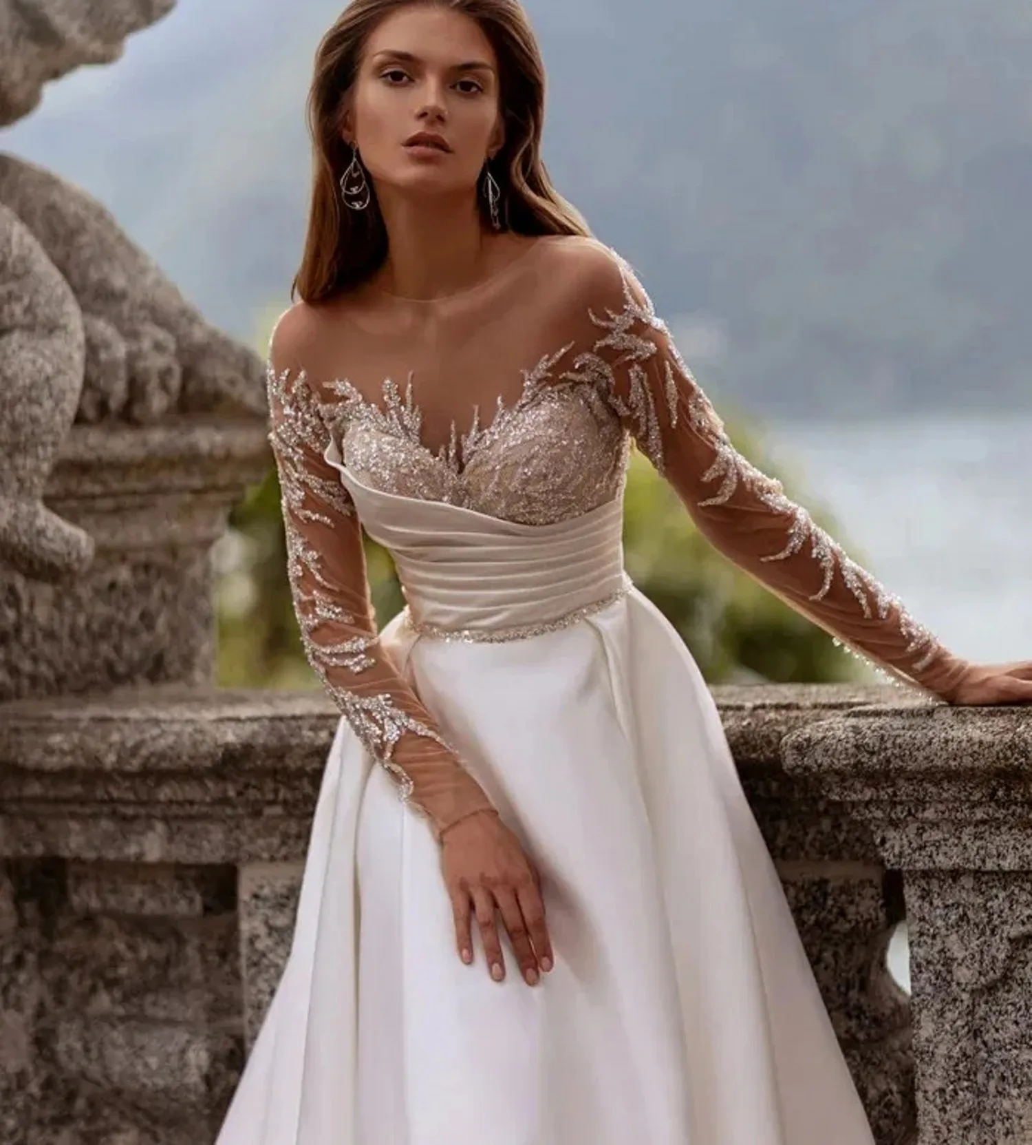 

New Modern A-line Wedding Dresses 2026 Sheer Neck Long Sleeves Beaded Sequined Long Satin Bride Party Dress Bridal Gown Vestidos