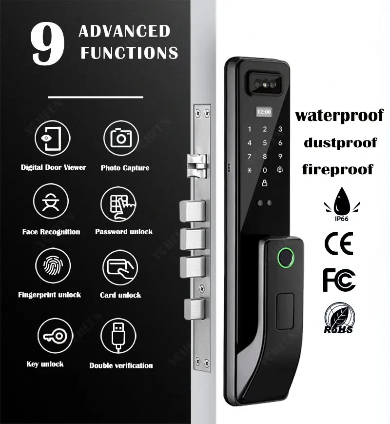 Home Security Tuya Wifi Face Fingerprint Smart Digital Lock Video Intercom Camera Remotely Card Password Keyless Electronic Lock