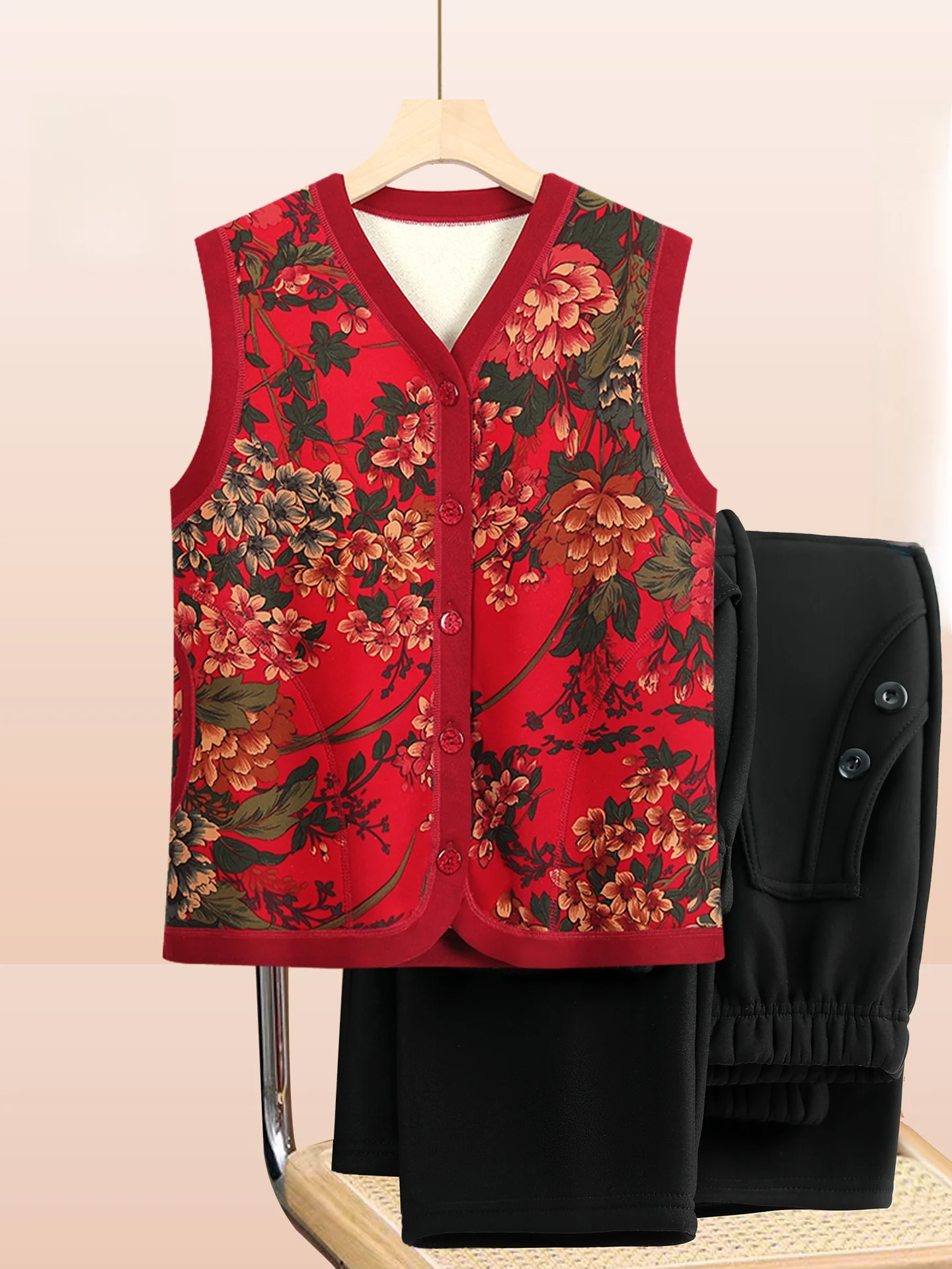 

Thiened Fce Warmth Printed Vest for ly Women Open Cardigan Long Pants Home Wear V-Ne Regular Sve Floral Pattern