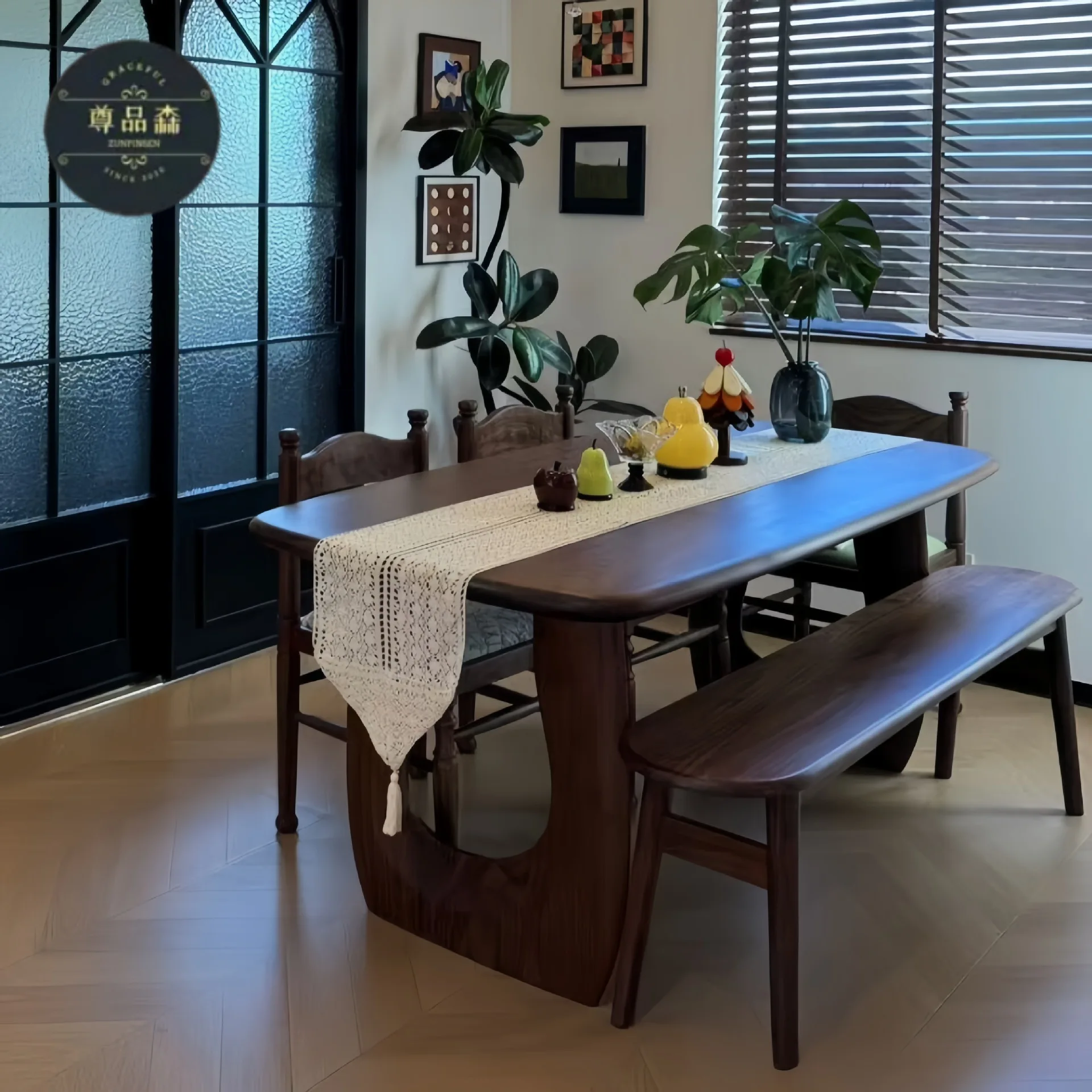 

HYS vintage style log retro dining table light French long table solid wood desk home dining table and chair combination