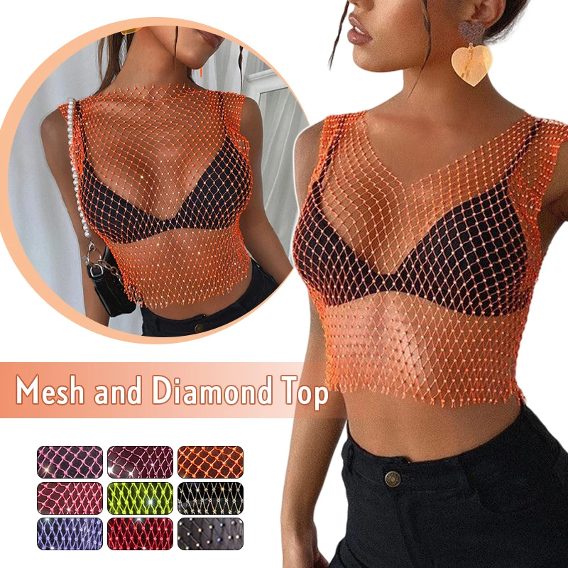 

Multicolor Soild Sexy Diamonds Mesh Cropped Tank Tops Women Summer Cover Up Bikini See Through Net Queen Party Club Crop Tops