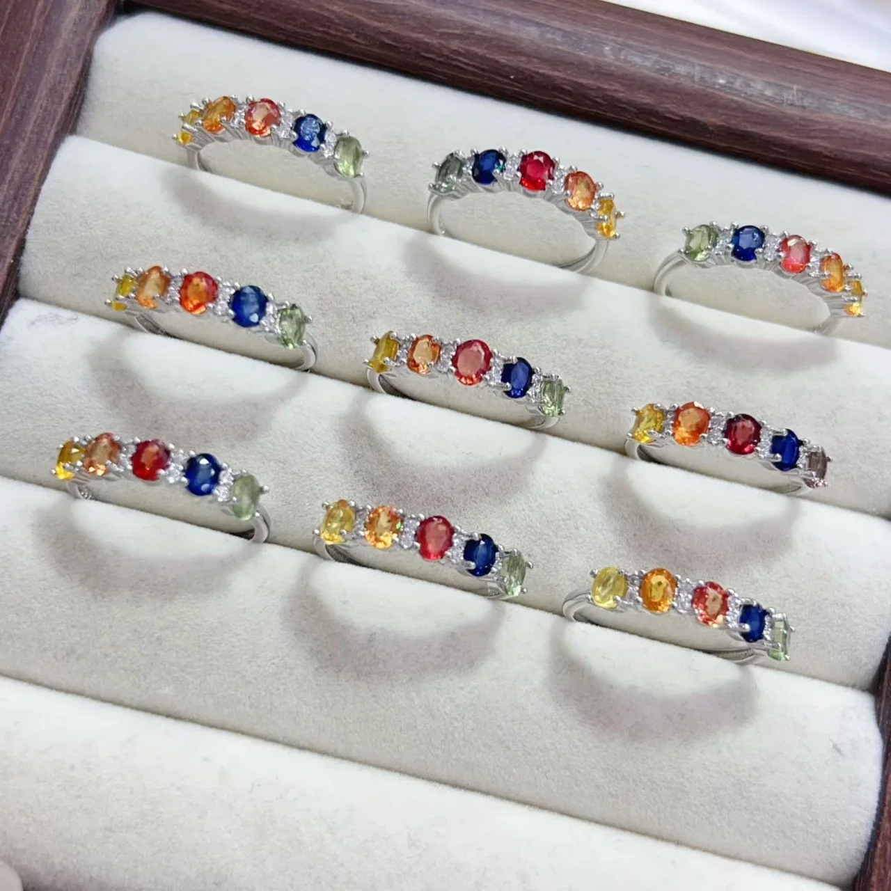 Certificated 925 Sterling Silver Natural Rainbow Sapphire Half Eternity Finger Band Infinity Fine Ring for Women Wedding Jewelry