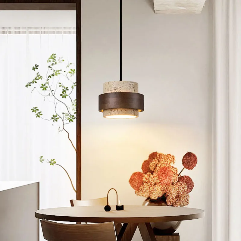 Natural Yellow Cave Stone Italian Minimalist Medieval Wabi Sabi Style Raised Walnut Wood Foyer Bedroom Hanging Line Light
