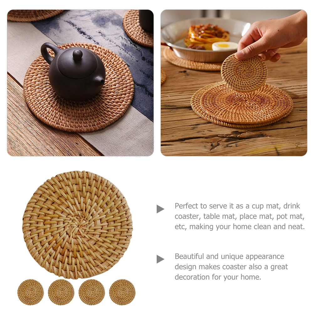 

5pcs Rattan Coasters 10cm Natural Woven Round Heat Resistance Placemats for Home Decor Table Mat Coffee Shop Use