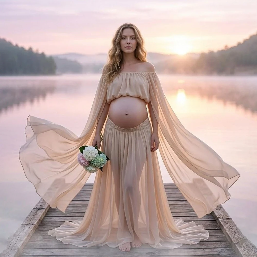 Off Shoulder Maternity Photography Gown Two Piece Set Chiffon Pregnant Women Maxi Dress For Photo Shoot Photo Studio Props - view 4