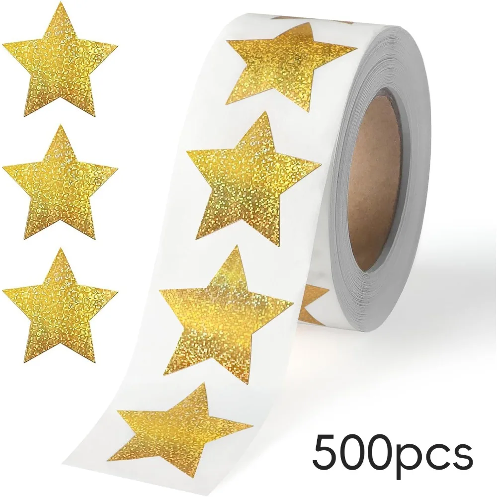 500pcs Roll Pack Gold Laser Star Stickers Fine Sand Texture Sealing Tags Festival Gift Wrapping Envelope Decor Stickers