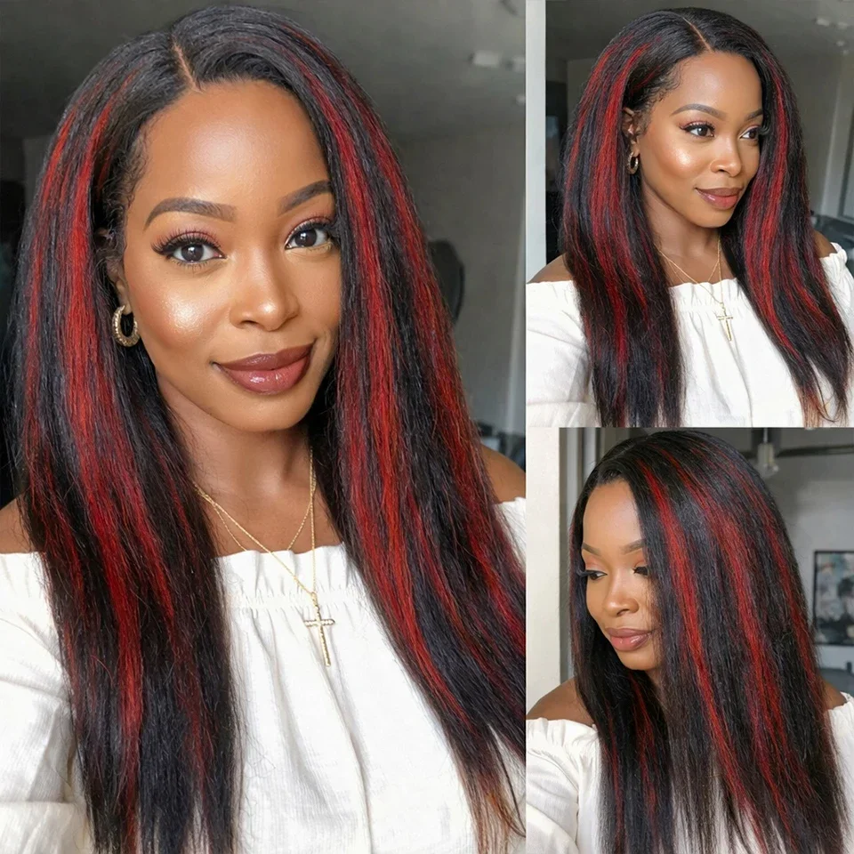 

13x4 Lace Front Wigs Kinky Straight 1B/99J Human Hair Wig Highlight Color Red With Black 5x5 Lace Closure Glueless Wig For Women