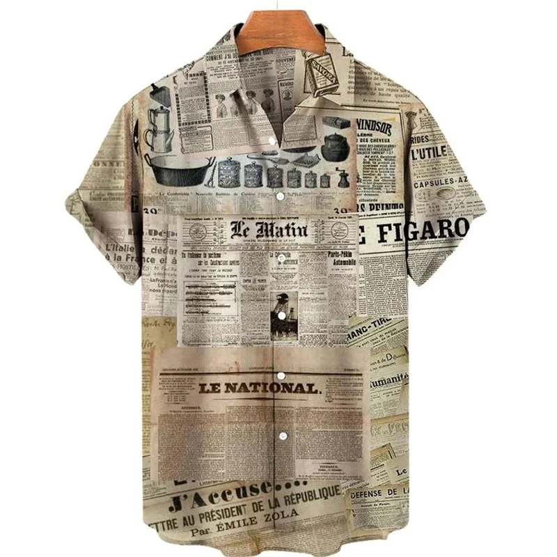 Retro Men's Short Sleeved Shirt, 3D Printed Old Newspapers, Casual and Fashionable Button Design for Street Home Clothing