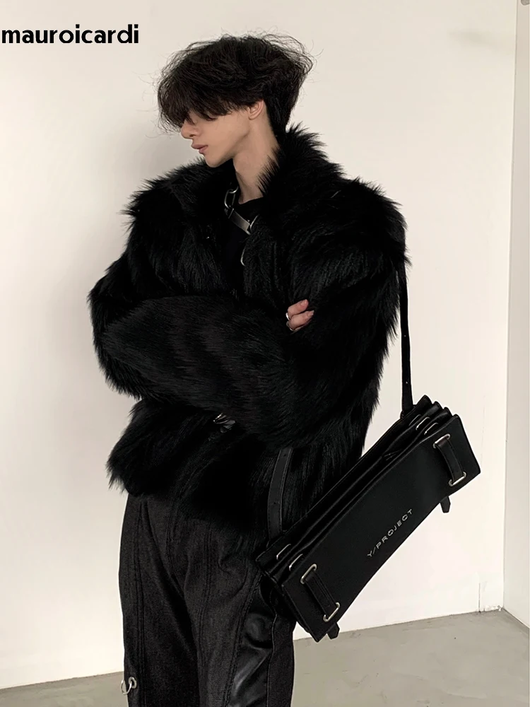 Mauroicardi Winter Short Cool Thick Warm Soft Black Hairy Faux Fox Fur Coat Men Long Sleeve Luxury Designer Fluffy Jacket 2023