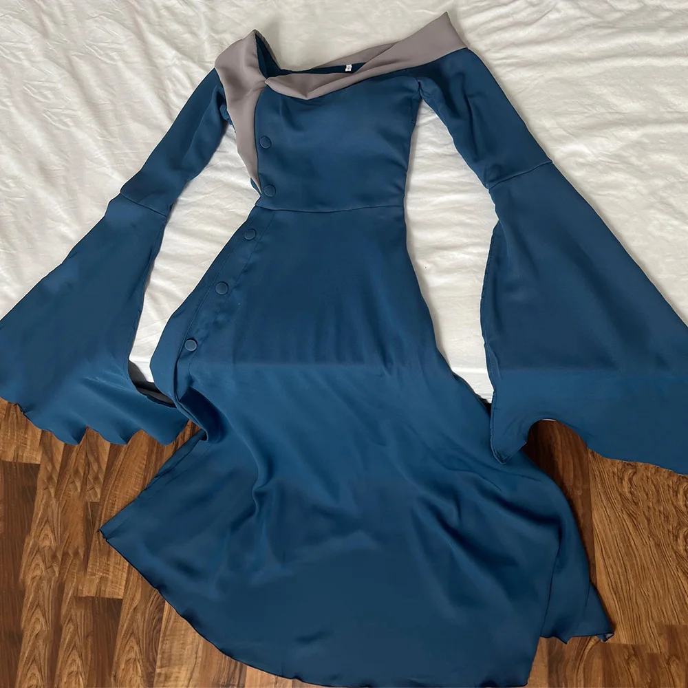 

Chic and Sophisticated A-line Button Long Flare Sleeve Evening Dresses for Women Contrast Color Prom Gown فساتين سهرة فخمه