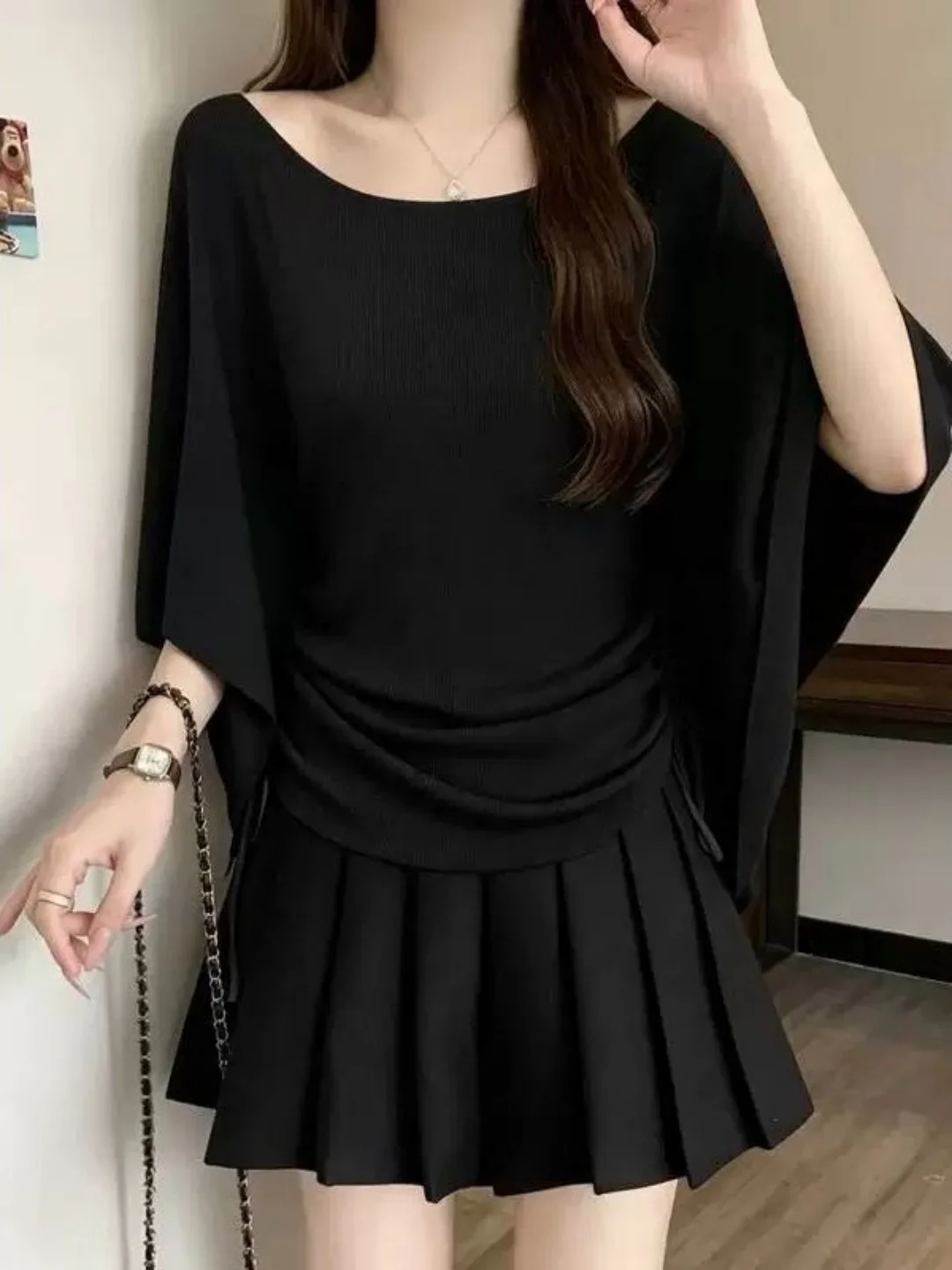 Lagenlook Batwing Sleeve Knitwear Drawstring Waist Slimming Meat Covering Top for plus Size Women Casual Loose Fit Thin Style
