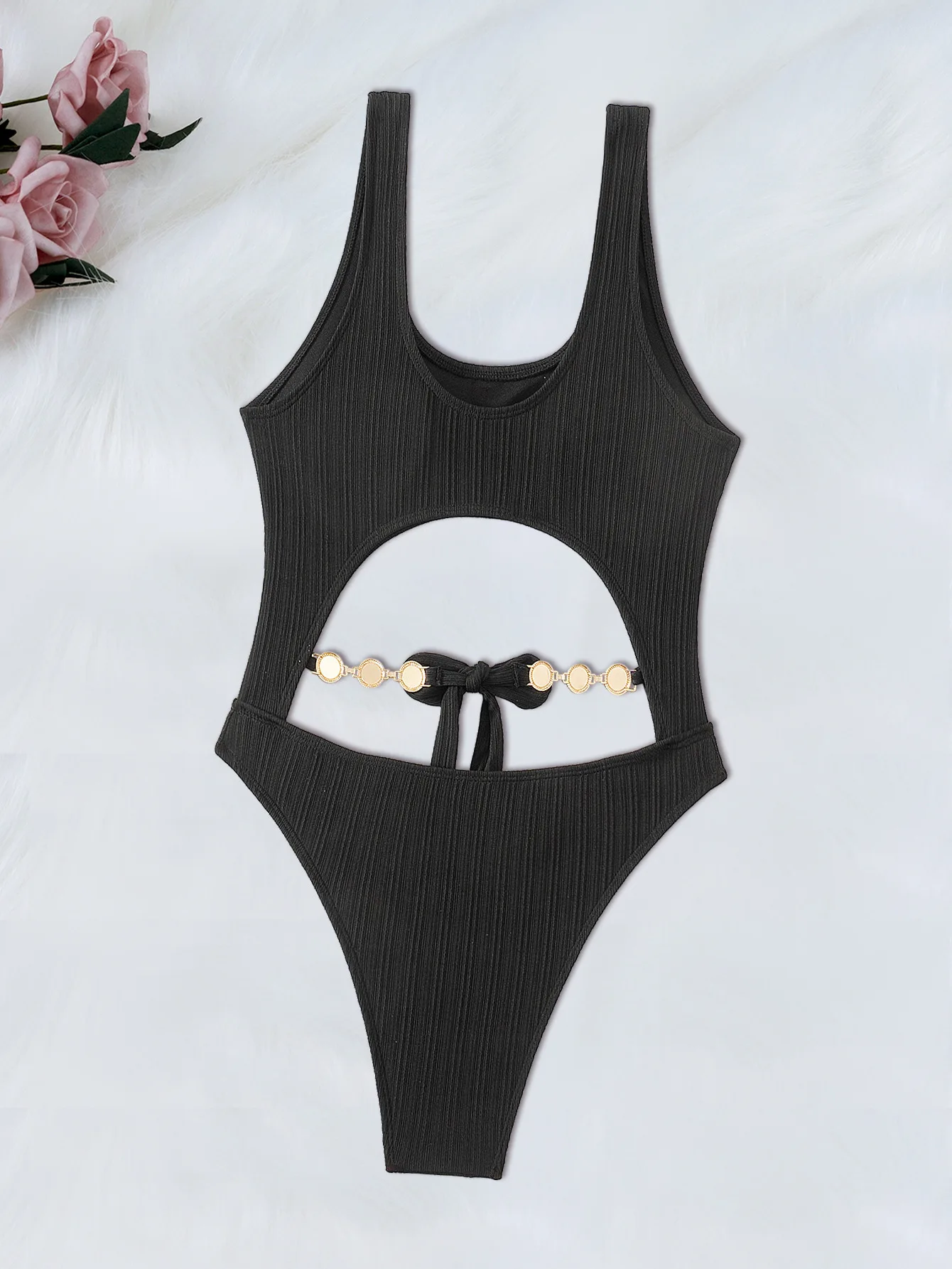 sexy black ribbed hollow out swimsuits one piece front tie plain bikinis swimwear bodysuits women biquini bathing suits tankini