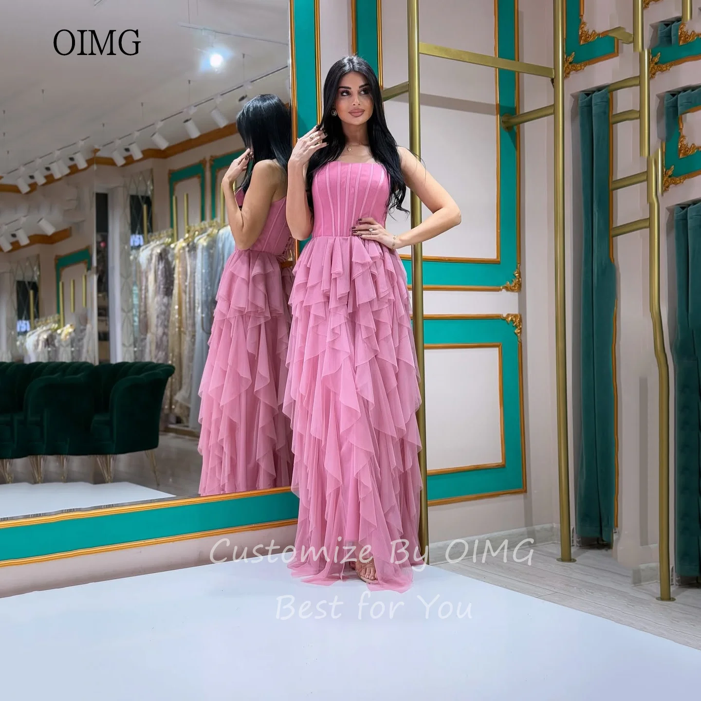 OIMG Rosa Liebsten A-linie Prom Kleider Backless Tiered Party Kleid Bodenlangen Abendkleid vestidos de verano Angepasst