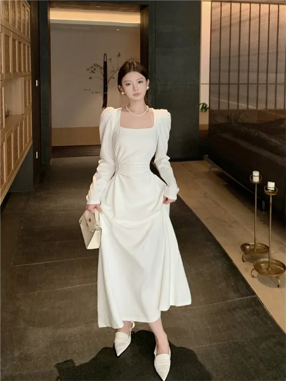 

Белое женское платье с длинным рукавом и квадратным вырезом, с завышенной талией, для осеннего сезона, из полиэстера, для дня рождения