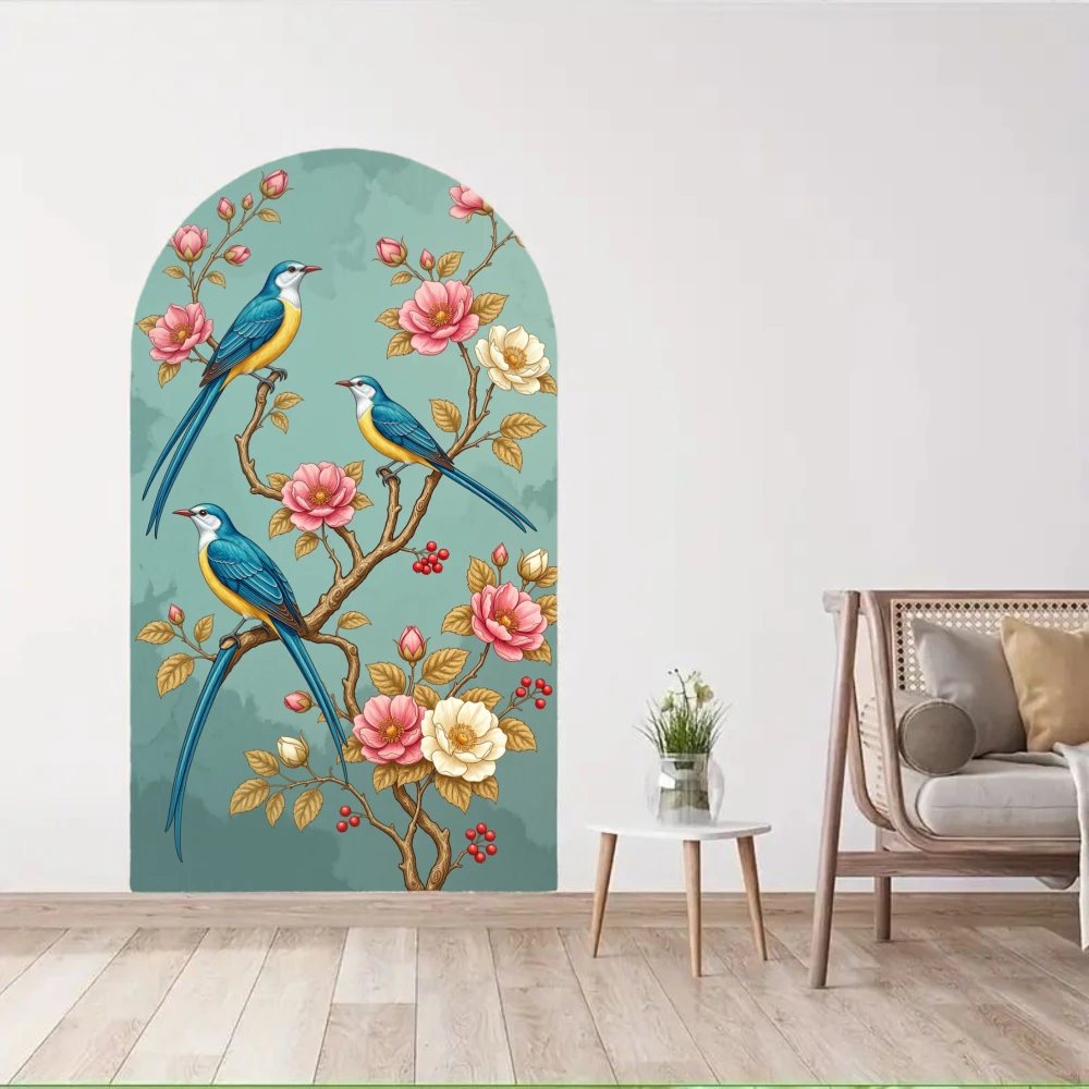 Arched Wall Sticker Vintage Bird and Flower Peel and Stick Self-adhesive Home Decoration Stickers & Posters Living Room Bedroom