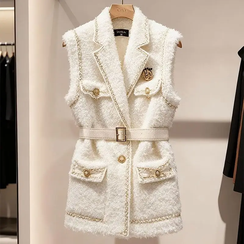 New Autumn Winter Lamb Vest Coat Women Korean Fashion Elegant Slim Waist Sleeveless Small Fragrant Jacket Pockets Outwear