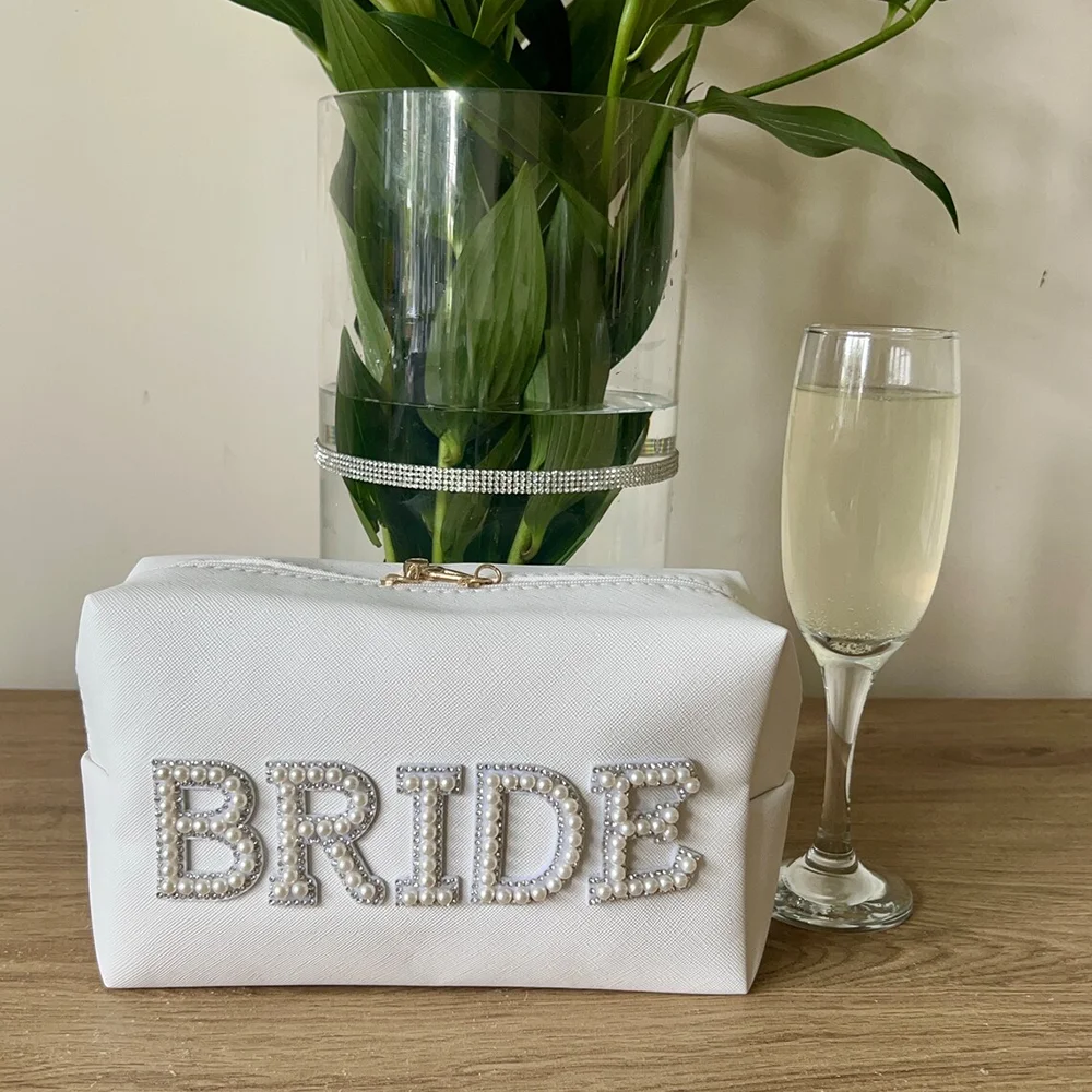 Pearl Letters Makeup Bag Wedding Day Bride Essential Future Mrs Gift Honeymoon Toiletry Bag Hen Party Bridal Shower Engagement view 4