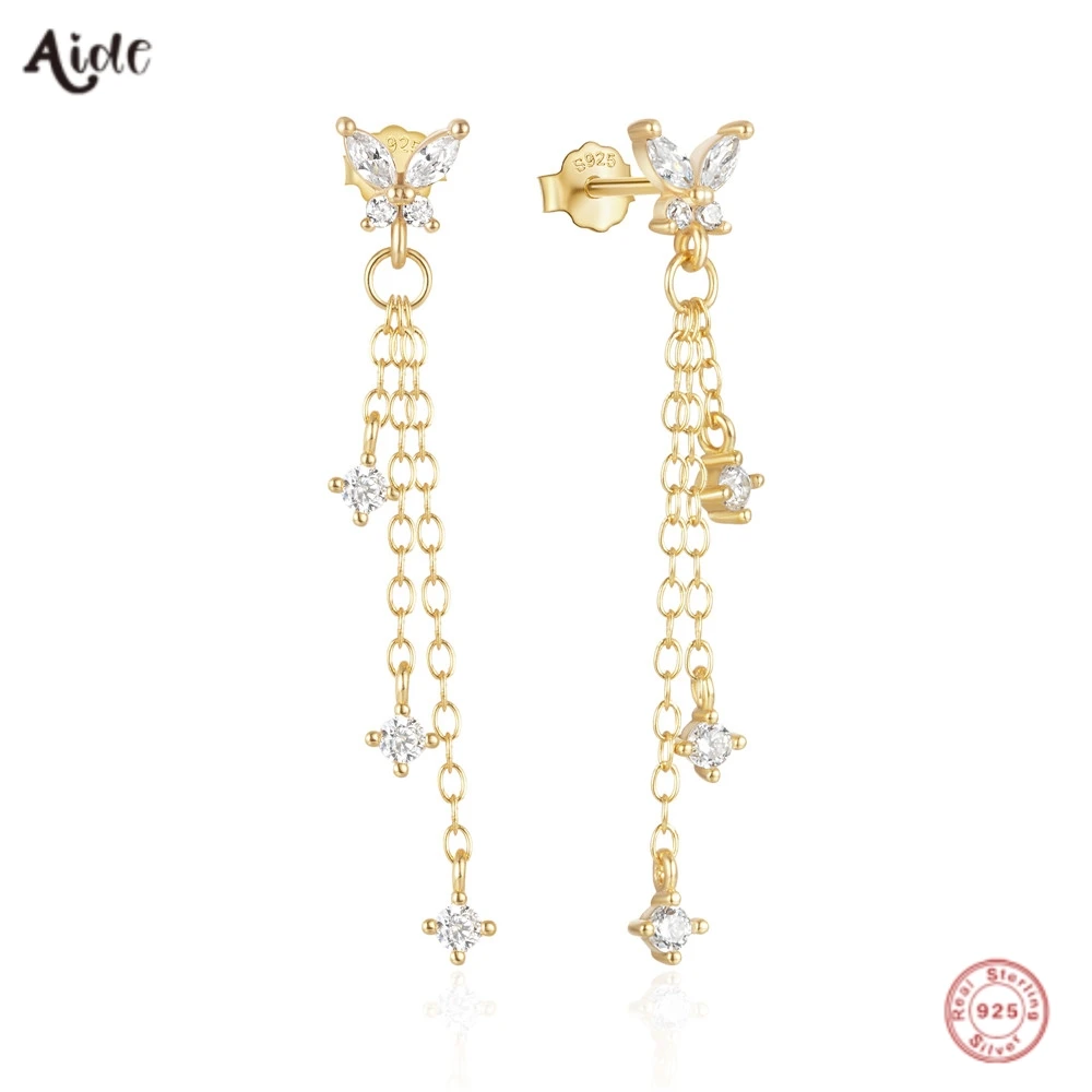 Aide 925 Sterling Silver Butterfly Tassel Chain Piercing Stud Earrings For Women Luxury Gold Zircon Eardrop Pendientes Jewelry