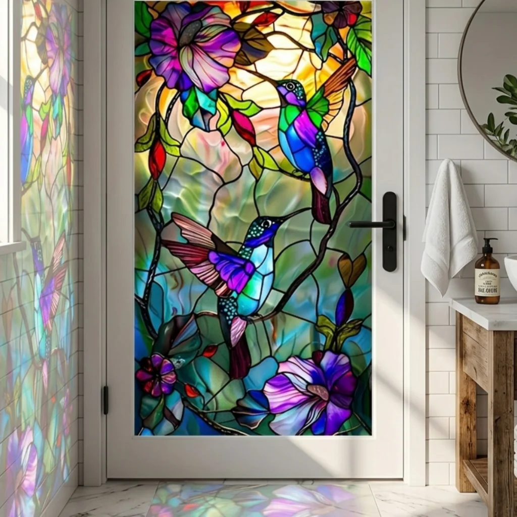 【1pc Hummingbird Floral Stained Glass Window Film】Large Size 2D Flat Print Exquisite Texture