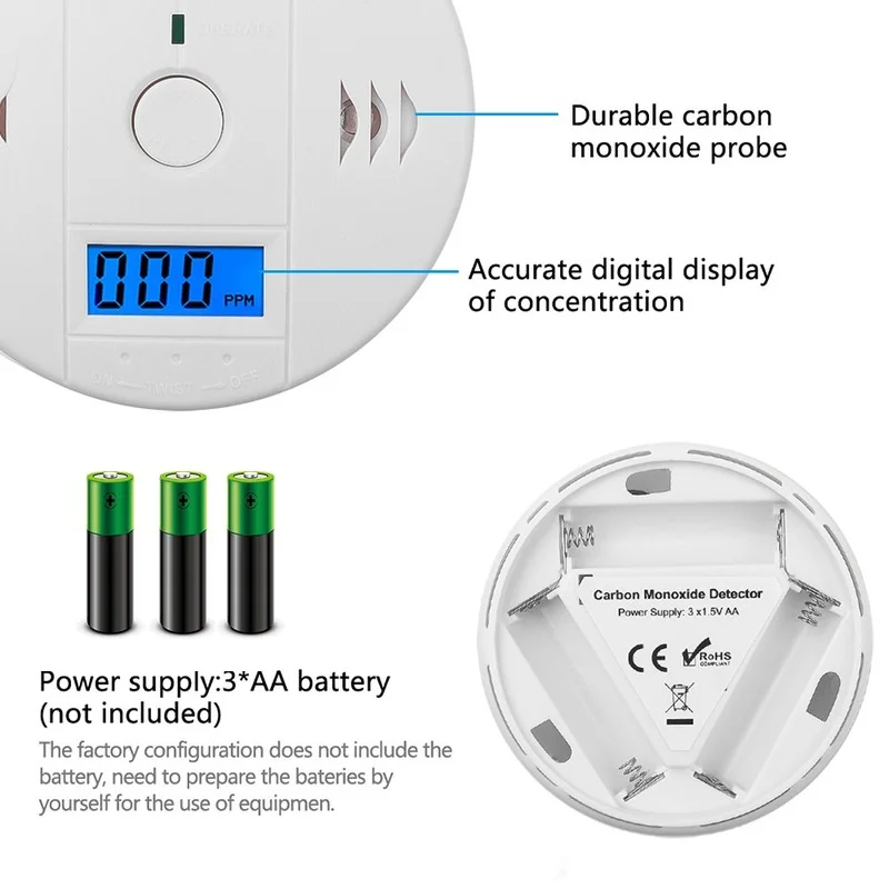 Detektor de alarme de monóxido de carbono detektor de aviso de sensor de gás de 85 db independente de lcd de segurança doméstica