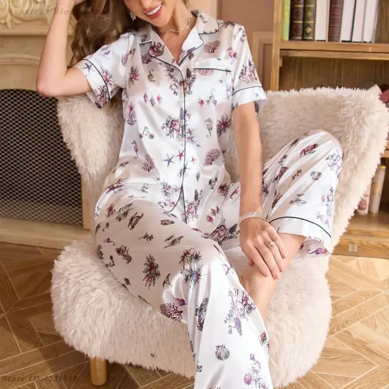 

Women Short Sleeved Nightwear Print Flower Pajamas Suit Summer Sleepwear Satin Home Clothes Loose Top&Trouser Pyjamas Loungewear