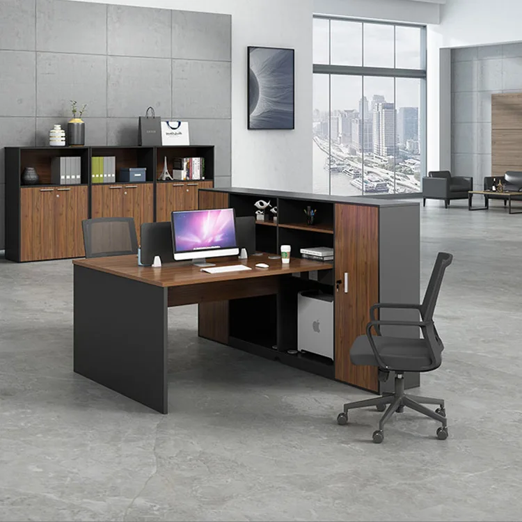 Employee desks for 2 people and 4 people, screen partitions, card spaces, employee computers, office desks and chairs, modern