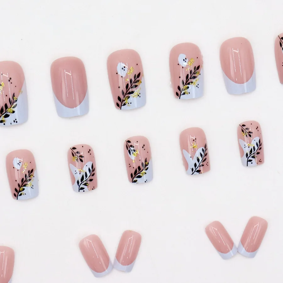 24pcs French Gold Sparkling Powder Press on Nails Black Leaves Simple Short Nails Full Cover Wearable False Nails