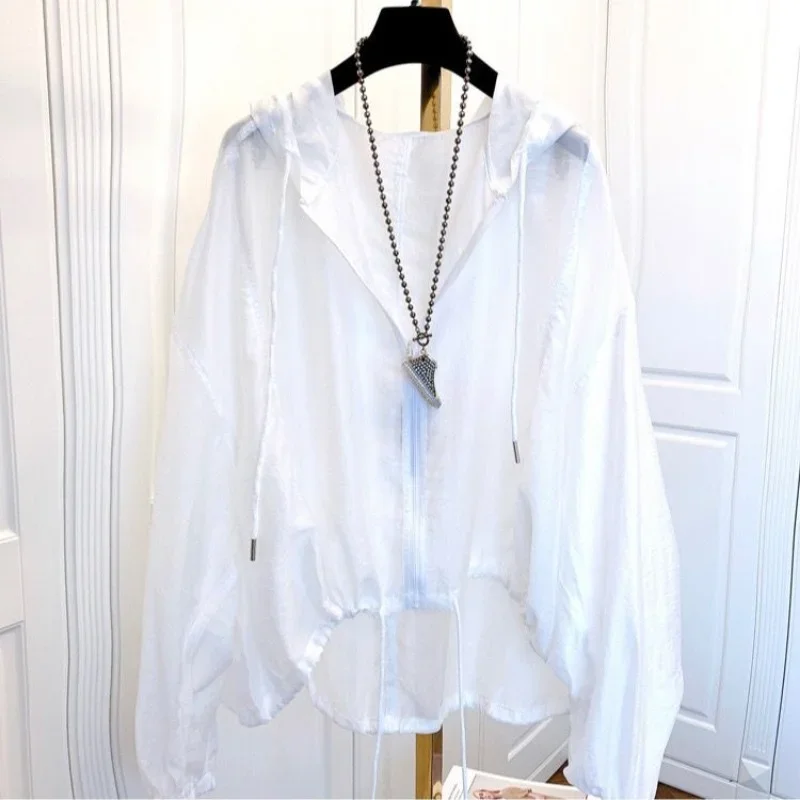 

Sun-proof Hooded Jackets Women Loose See Through Thin Casual Korean Chic Mujer Pure Stylish Harajuku Coats Minimalist Breathable