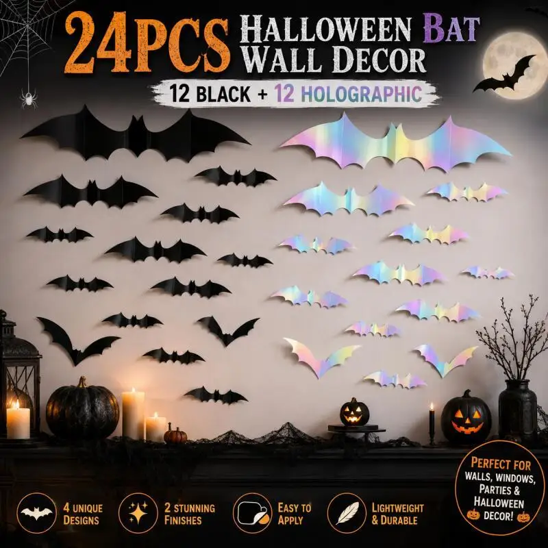 24 Stück Halloween Fledermaus Wanddekoration, Schwarze & Holografische PVC 3D Fledermaus-Aufkleber für Wände, Fenster, Party-Deko