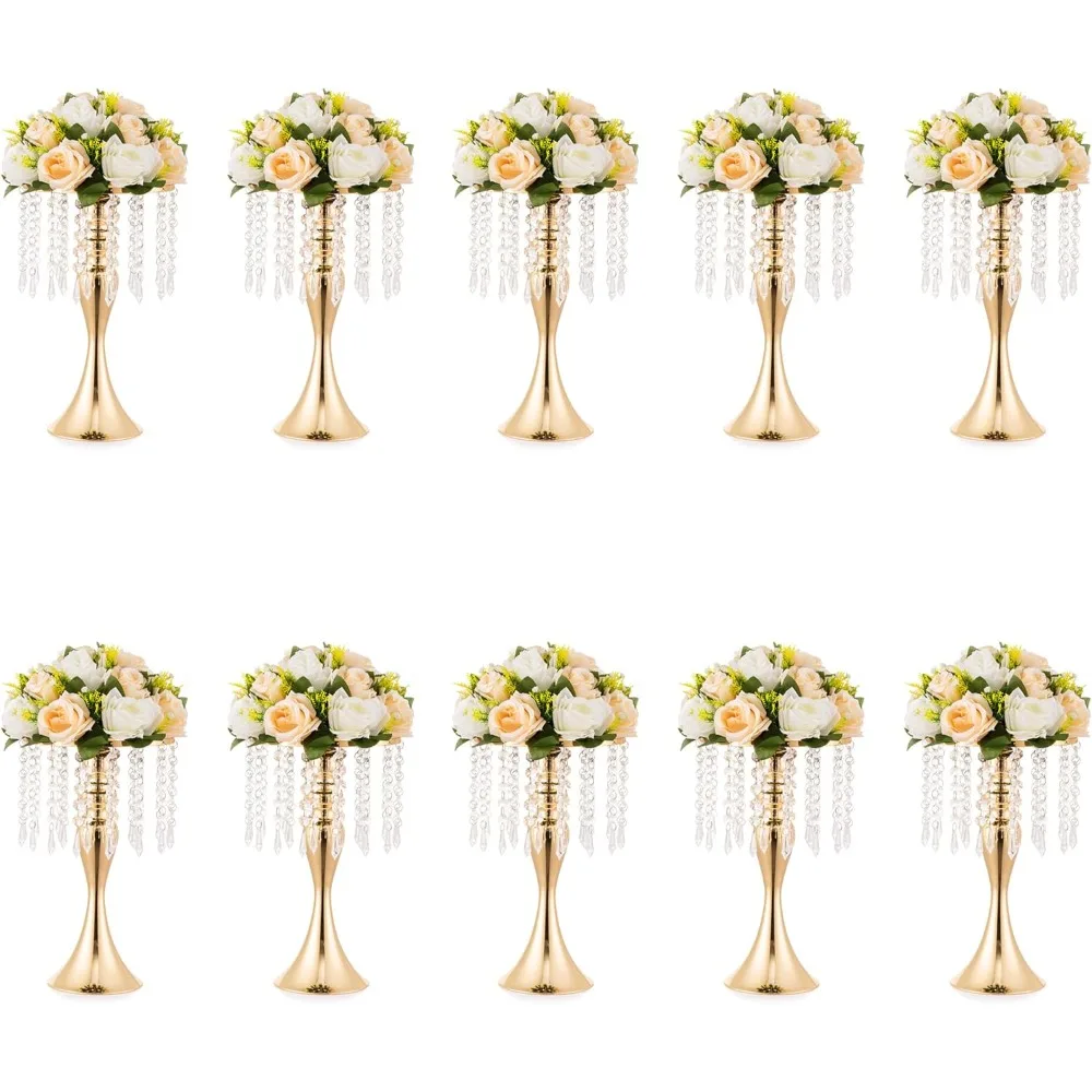 

10 Pcs Gold Vases for Centerpieces, 13.8in Crystal Flower Arrangement Stand, Wedding Centerpieces for Tables, Tall Metal Flower
