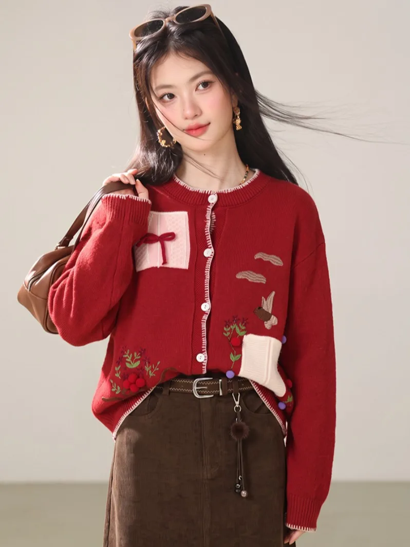 Red round Neck Knitted Open Cardigan Women's 3D Patch Embroidery  Knot Loose Short Vintage Soft Sweater Jacket