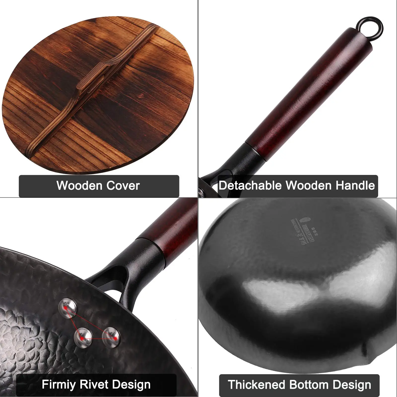Carbon Steel Wok,Woks and Stir Fry Pans with lid Kitchen Cookwar For Electric,Induction and Gas Stoves Flat Bottom Wok