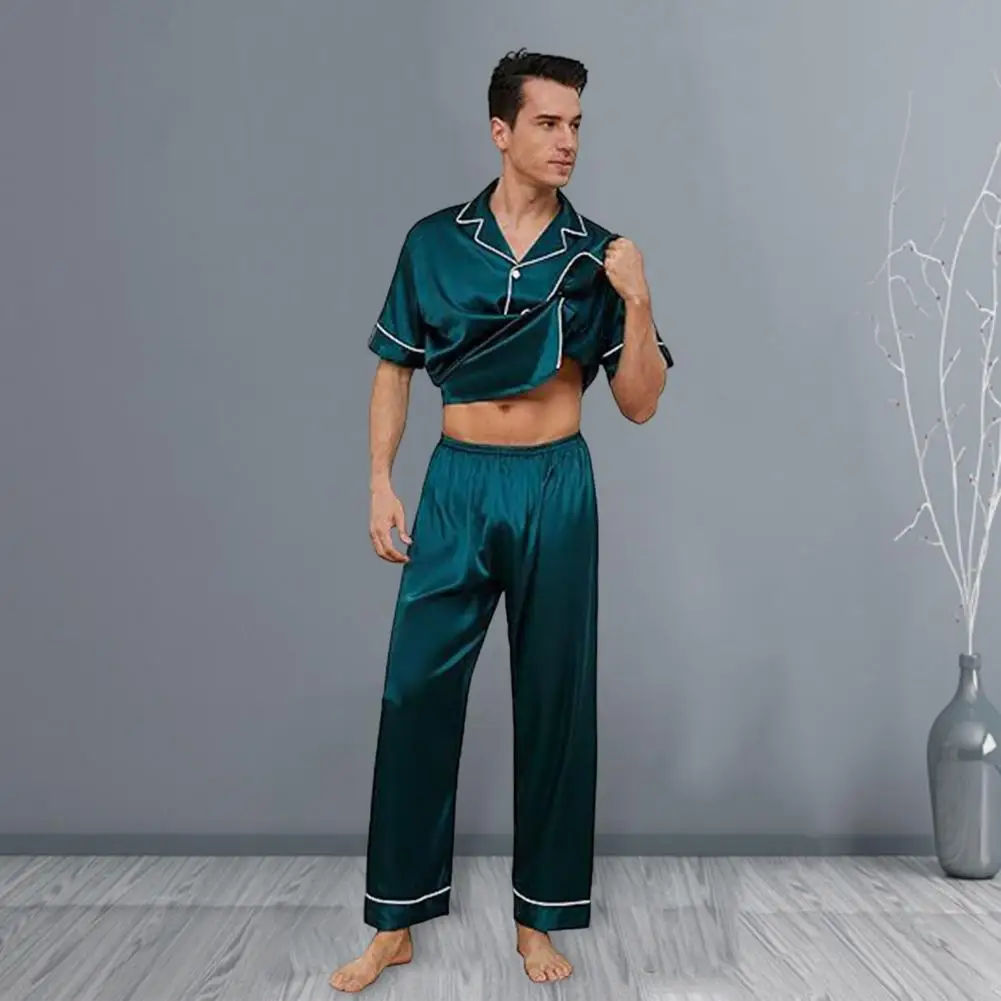 Men Sleepwear Luxurious Silk Satin Pajama Sets for Men Women Notch Collar Button Down Top with Chest Pocket Elastic Waist