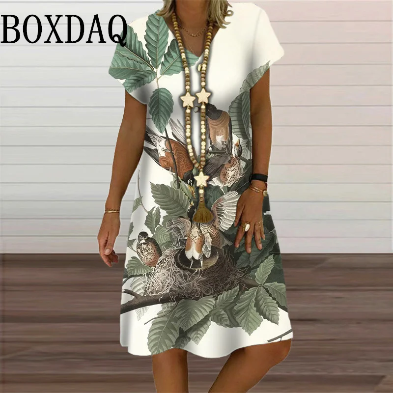 

6XL Plus Size Women Clothing Vintage Painting Birds Print Short Sleeve Dress Summer Casual Loose V-Neck Pullover Female Sundress