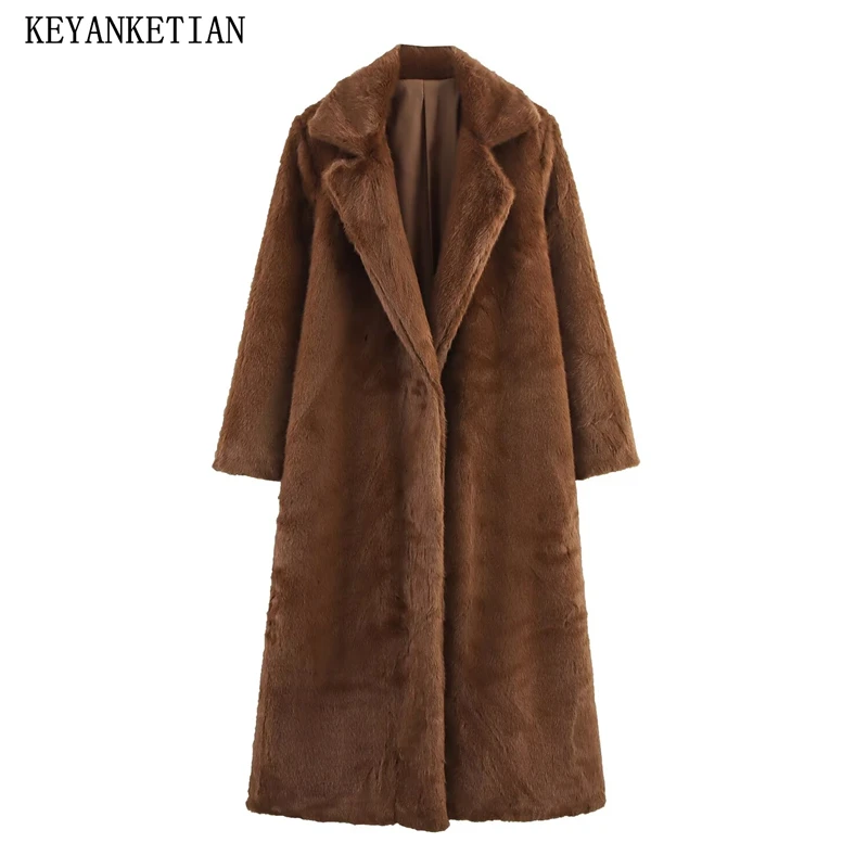 

KEYANKETIAN Winter New Women's Collar Fashionable One Button Long Sleeved Windproof Long Fake Fur Coat Women Plush Coat