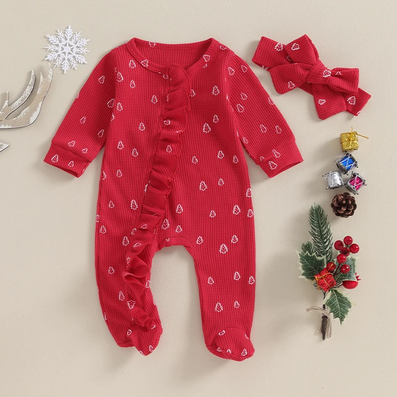 Baby Girls Christmas Outfit, Long Sleeve Crew Neck Tree Print Footies Jumpsuit and Headband Fall Clothes