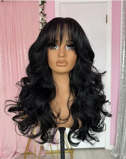 Women Wigs Body wave Lace Frontal Wig Black Color with Bangs Natural Synthetic Hairs High Heat Fibre Wig female Full Density Wig