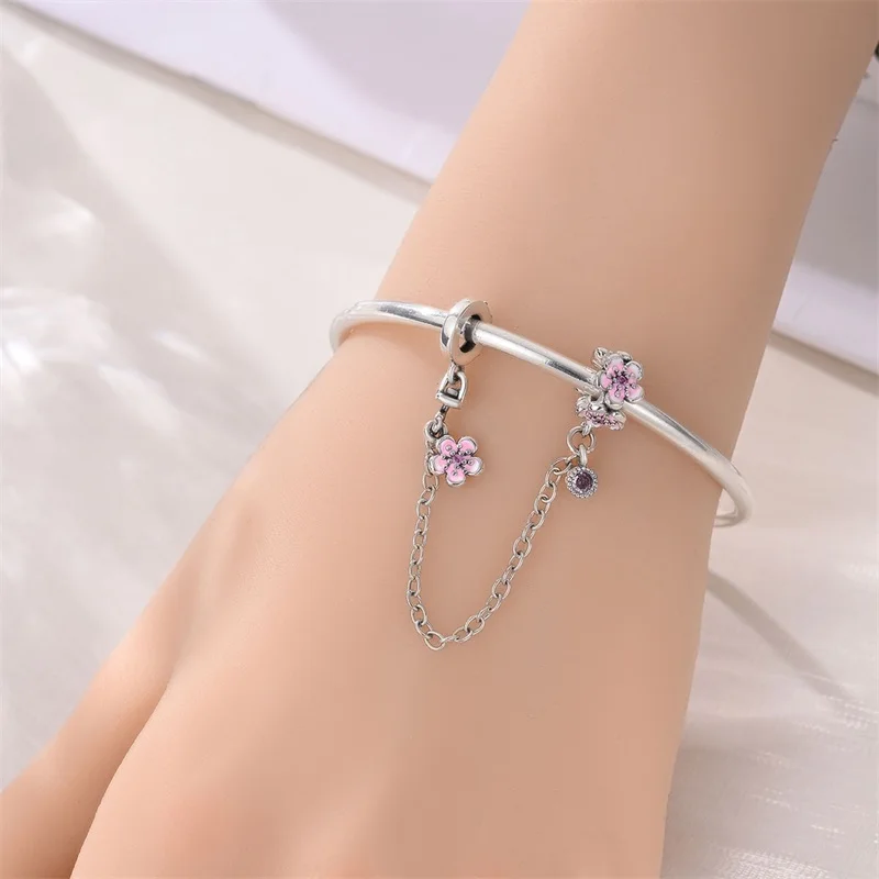 

New 925 Sterling Silver Pink Sparkling CZ Zircon Flower Safety Chain Fit 3mm Original Bracelet DIY Women Date Jewelry Gifts