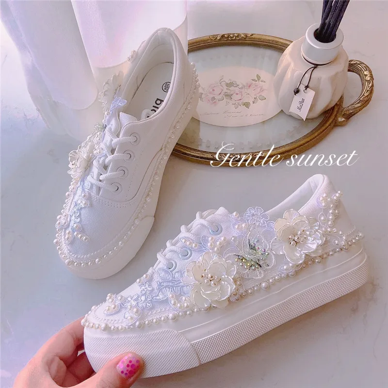 Fairy White Pearls Foral Canvas Shoes Bride Wedding Flats Rhinestones Platform Sneakers Spring Sweet Ladies Casual Tennis Shoes